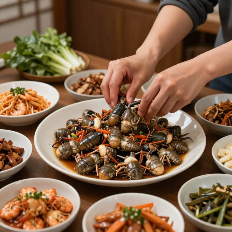 집에서 준비한 쭈꾸미 볶음과 다양한 밑반찬이 있는 식탁