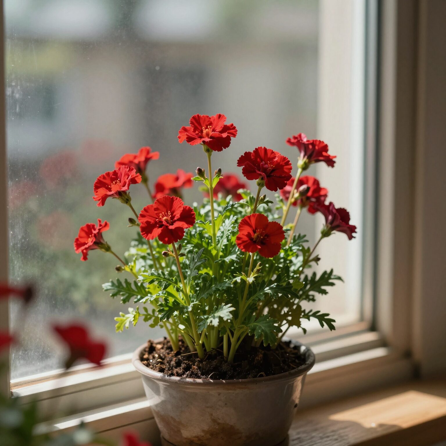 칼랑코에 키우기와 꽃말 오래 피우는 방법 1 붉은색 꽃이 많이 핀 칼랑코에 화분이 밝은 창가에 놓여 있음
