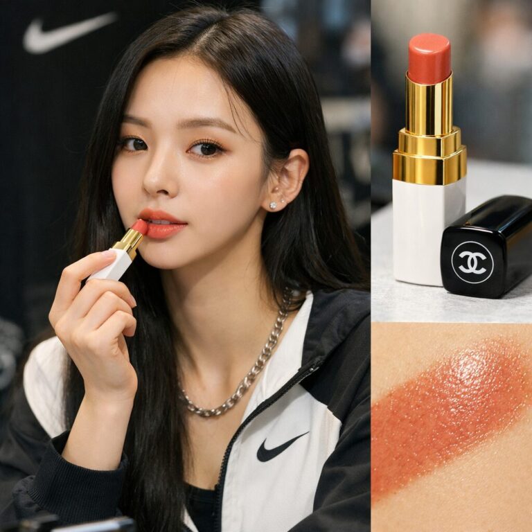 카리나가 나이키 행사에서 사용한 샤넬 루쥬 코코 밤 샤인 허니 블리스 립스틱 발색 샘플과 분위기