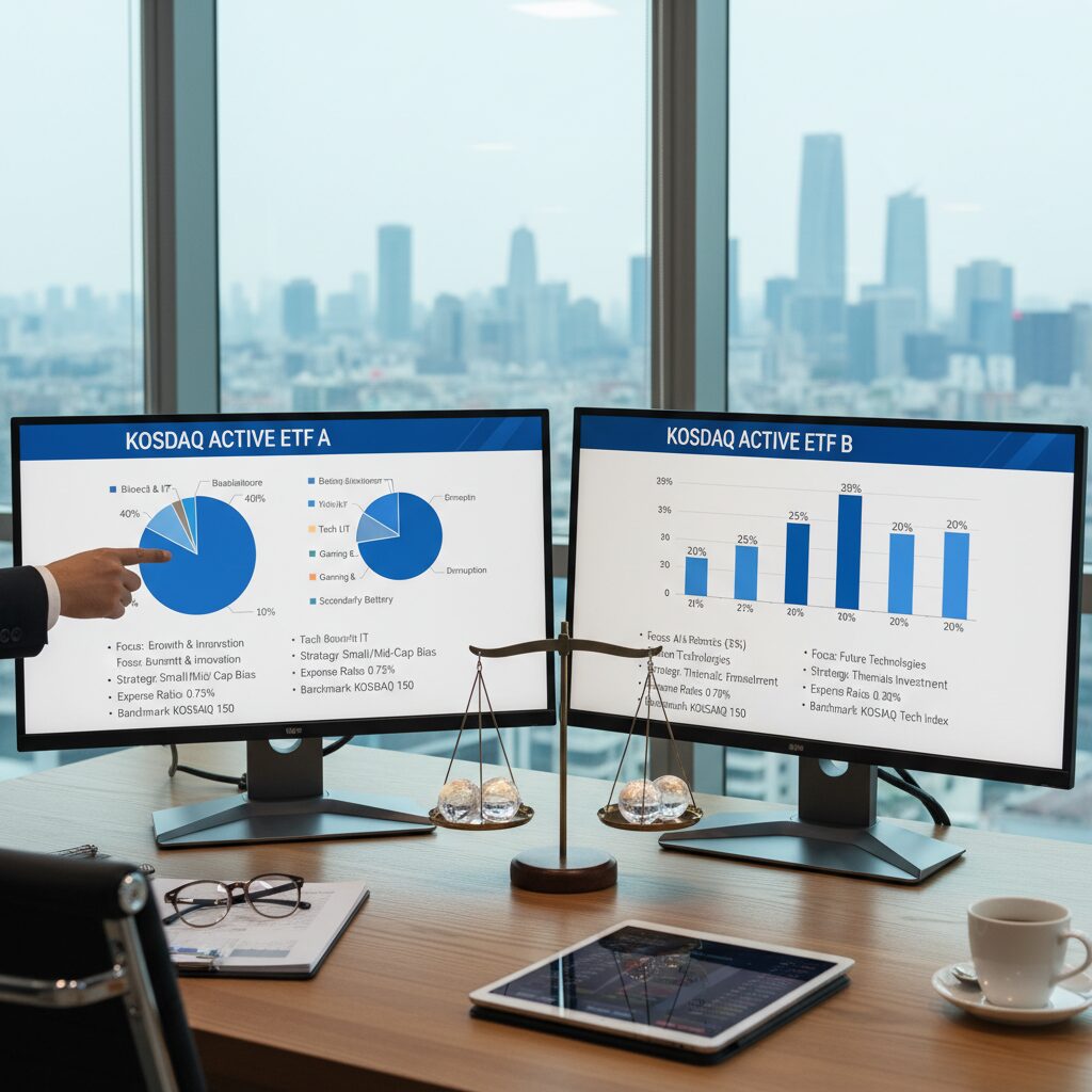코스닥 액티브 ETF 두 종목의 포트폴리오 구성과 특징 비교 그림