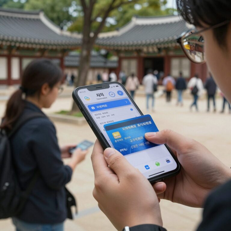 지역화폐 카드와 스마트폰으로 결제하는 모습