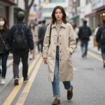 여성이 베이지색 롱자켓을 입고 거리를 걸으며 다양한 코디를 보여주는 모습