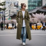 허리 벨트를 활용한 맥시 롱 맥코트의 캐주얼한 스타일링