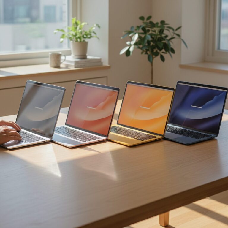 맥북 네오의 네 가지 색상 실버 블러시 시트러스 인디고가 나란히 놓여 있는 이미지