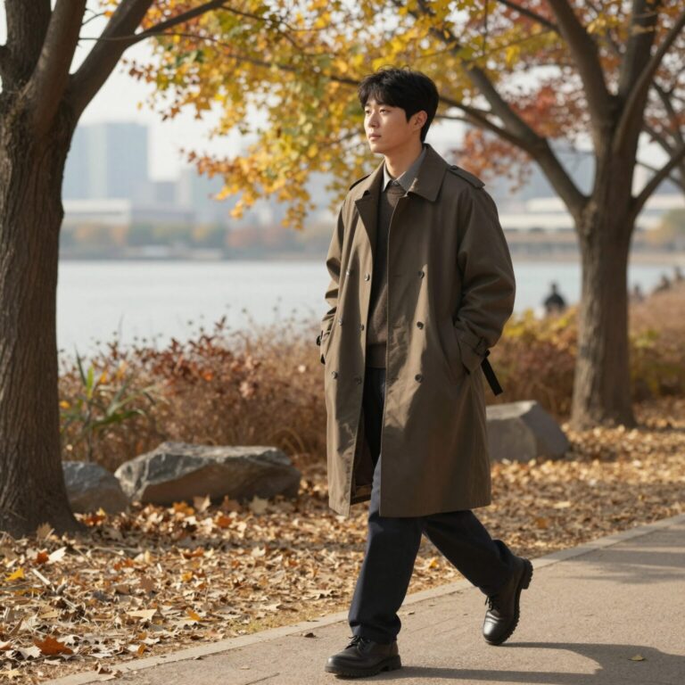 가을 날씨에 한강 공원에서 바바리코트를 입고 걷는 남자