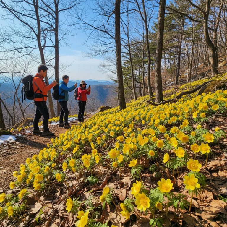 만연산 등산로 옆 황금빛 복수초가 군락을 이룬 모습