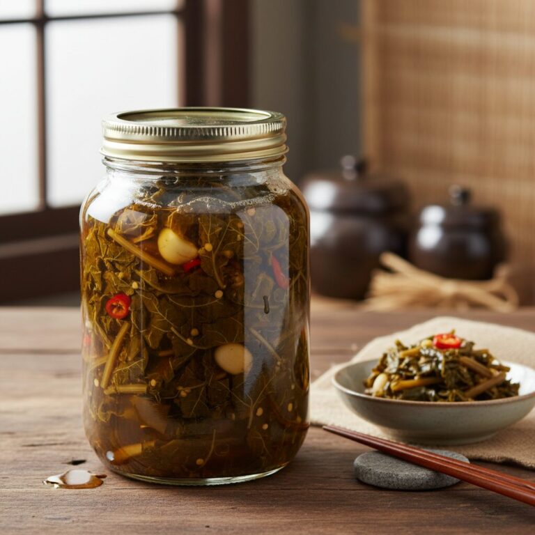 완성된 머위장아찌가 담긴 유리병