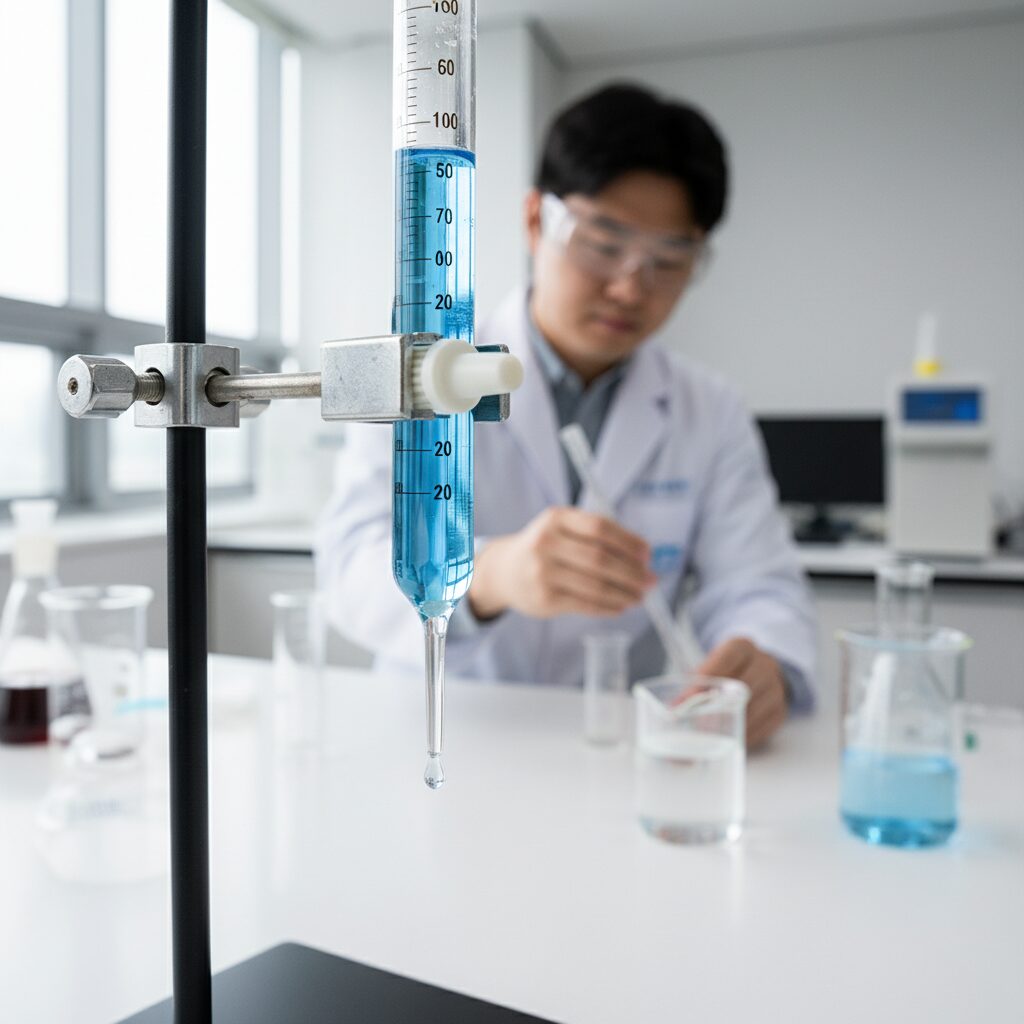 눈금피펫 종류와 특징 정확한 실험을 위한 선택 방법 1 테프론 콕크가 장착된 마이크로뷰렛이 스탠드에 고정된 모습