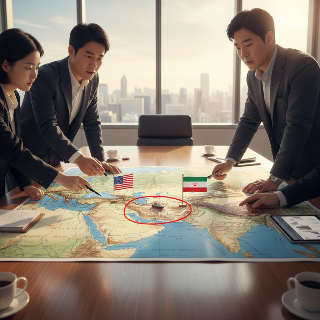 중동 지역 지도에 미국과 이란 국기가 표시되고 호르무즈 해협이 강조된 이미지
