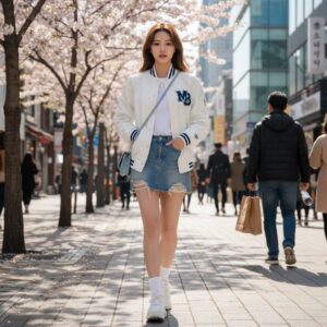 화이트 MLB 야구 점퍼와 데님 스커트를 매치한 봄 스트릿 코디