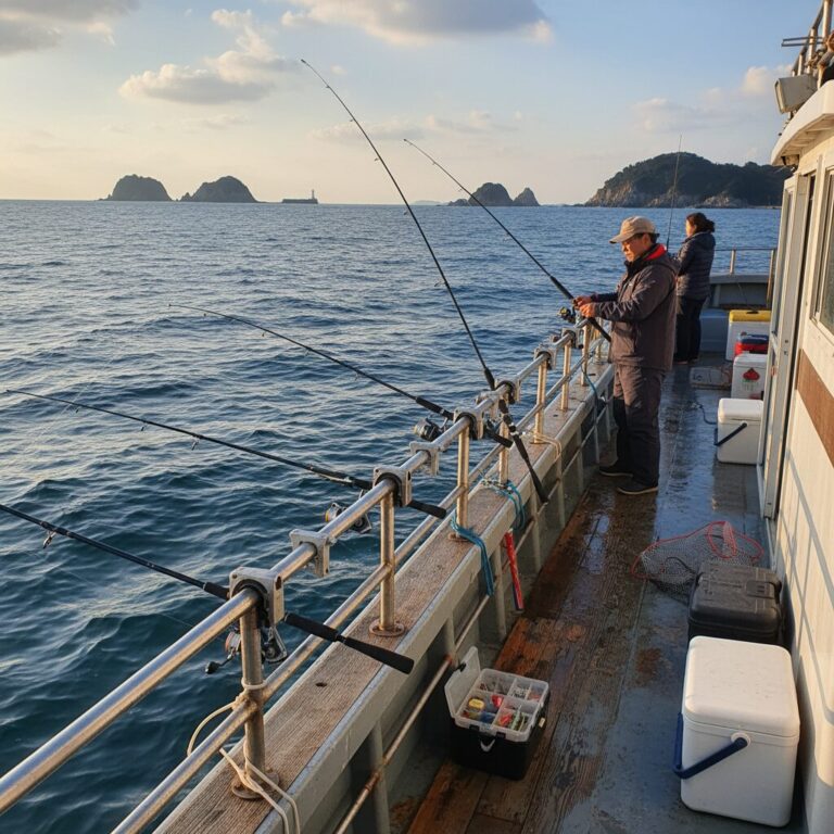목포 바다 선상에서 도다리 낚시 장비를 세팅한 모습, 낚싯대와 릴이 배 난간에 고정되어 있음