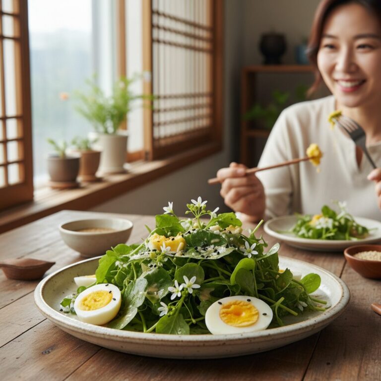 싱싱한 냉이와 계란으로 만든 봄 샐러드