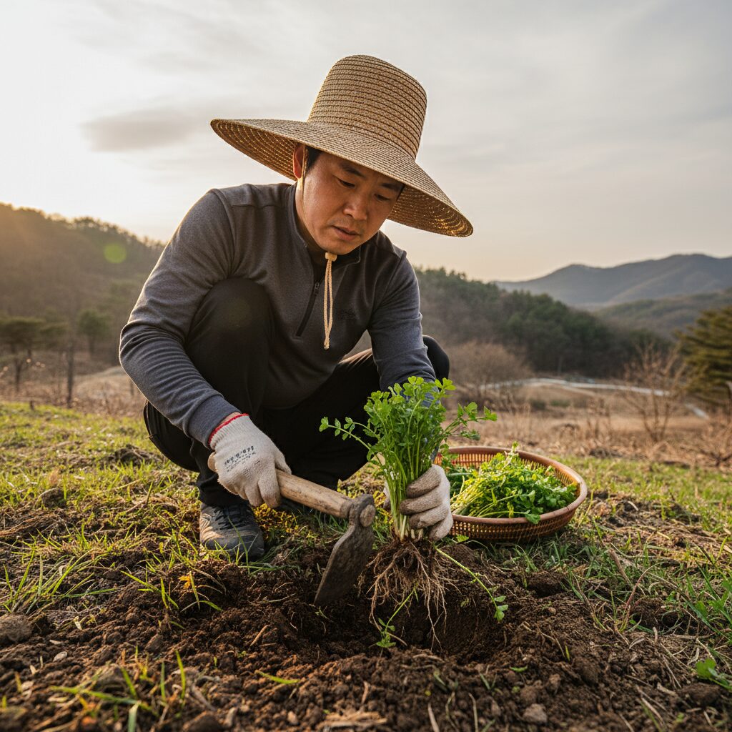 야산에서 호미를 사용해 뿌리째 냉이를 조심스럽게 캐는 모습