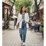 화이트 노카라 자켓을 입은 여성이 데님과 함께 캐주얼하게 코디한 모습