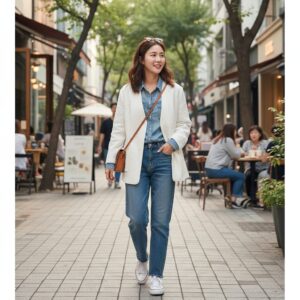 화이트 노카라 자켓을 입은 여성이 데님과 함께 캐주얼하게 코디한 모습
