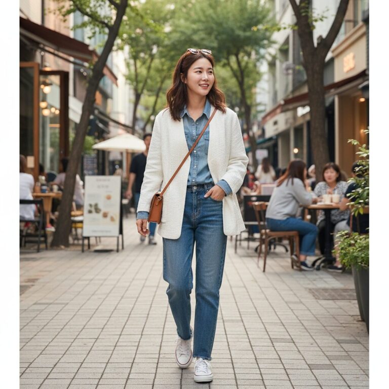 화이트 노카라 자켓을 입은 여성이 데님과 함께 캐주얼하게 코디한 모습