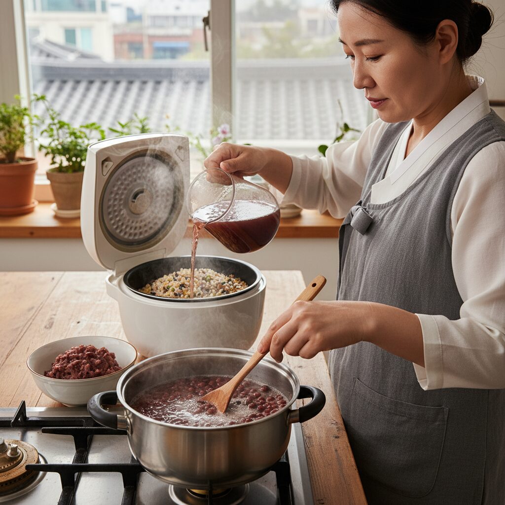 팥 삶는 과정과 팥물을 밥솥에 부어 오곡밥을 짓는 모습