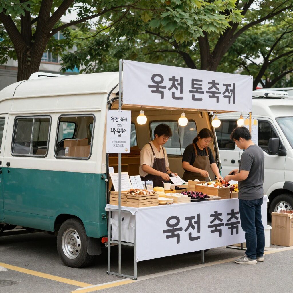 옥천 묘목축제 먹거리 부스와 푸드트럭들이 모여 있는 모습