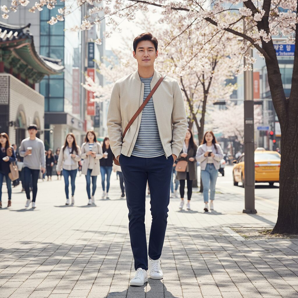 올젠 남성 봄 점퍼와 티셔츠 매치 코디