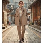 베이지 컬러의 온앤온 울 캐시미어 자켓을 입은 모델