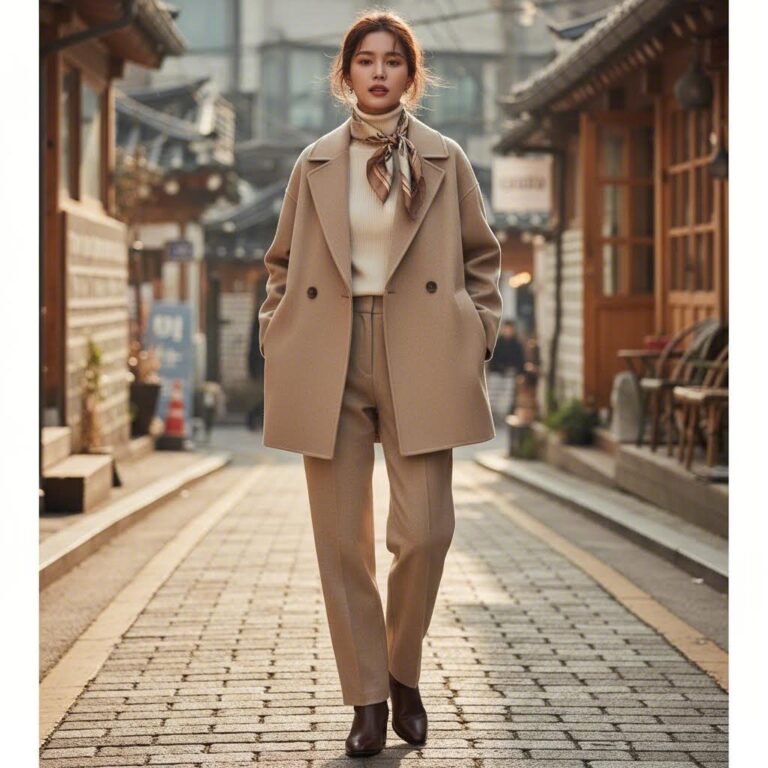 베이지 컬러의 온앤온 울 캐시미어 자켓을 입은 모델