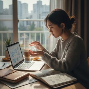 발명품 아이디어를 노트북 앞에서 보호하며 생각하는 모습