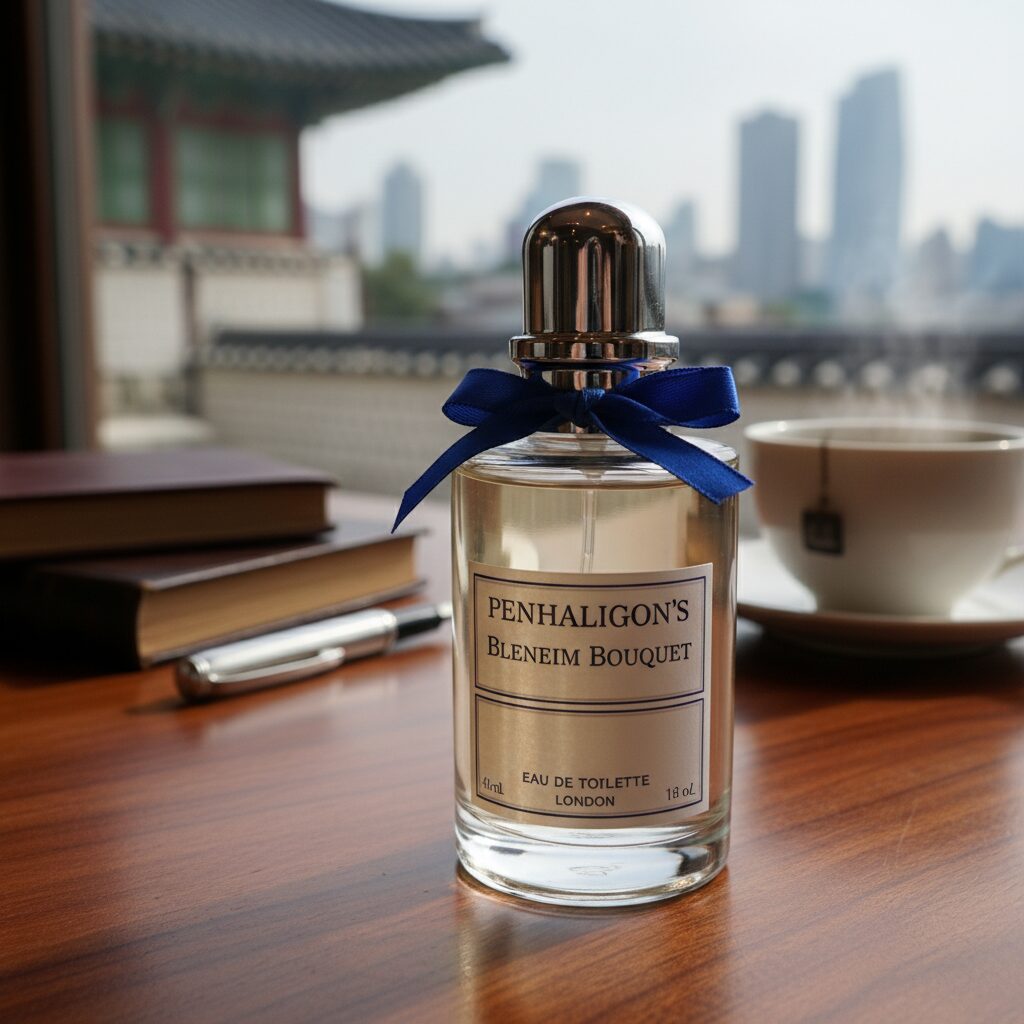 펜할리곤스 브라브라브룸 향수 시향 분석과 리뷰 1 테이블 위에 놓인 펜할리곤스 브라브라브룸 향수 병