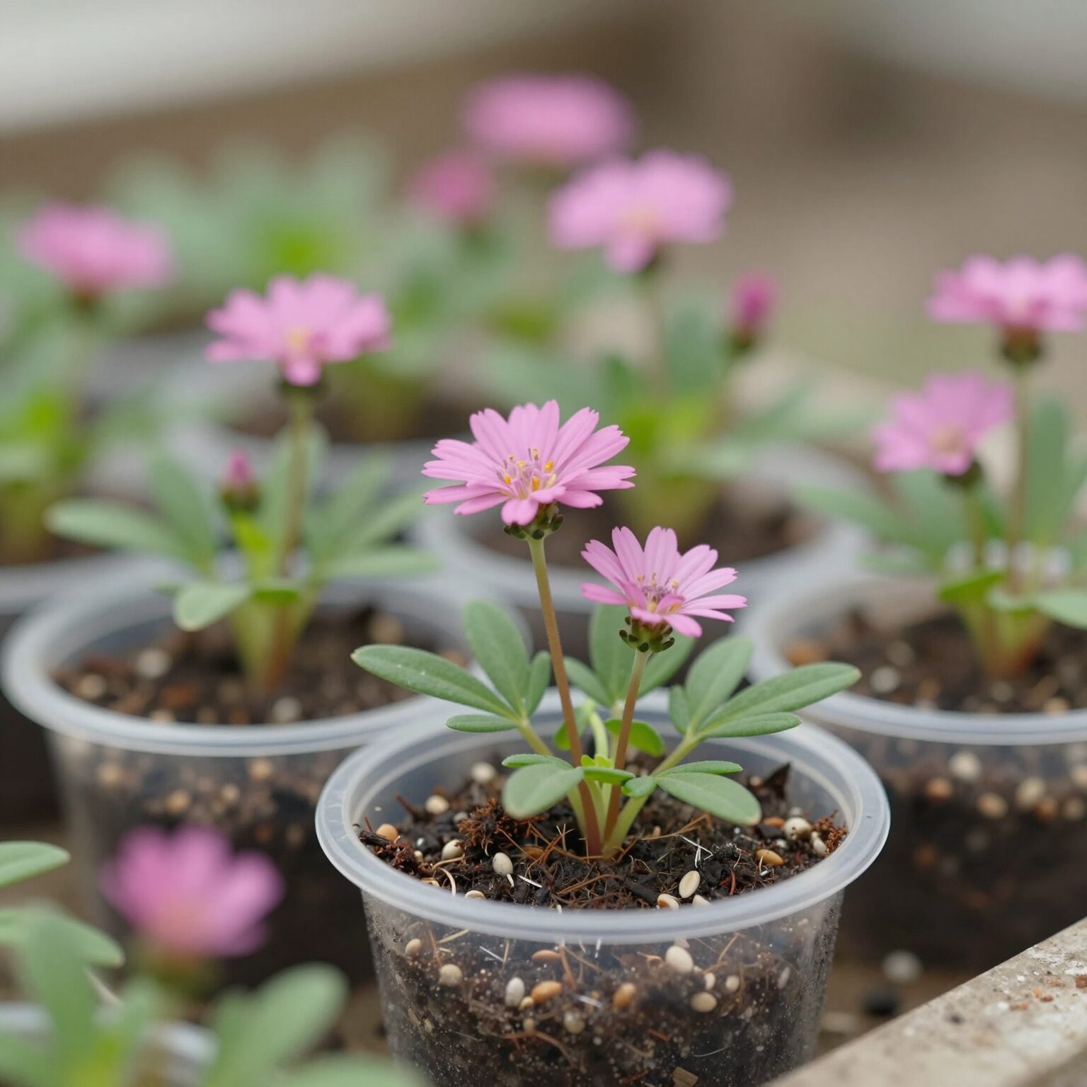 민들레 꽃말과 효능 키우기 방법 1 분홍 민들레 씨앗과 어린 모종이 자라고 있는 작은 화분 사진