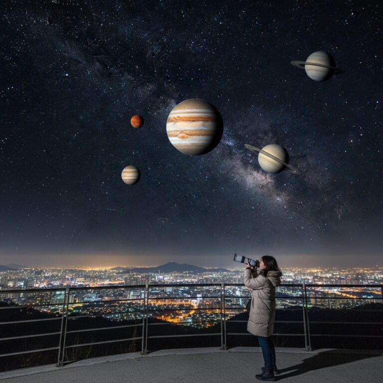 어두운 밤하늘에 흩어져 보이는 여러 개의 밝은 행성과 별들