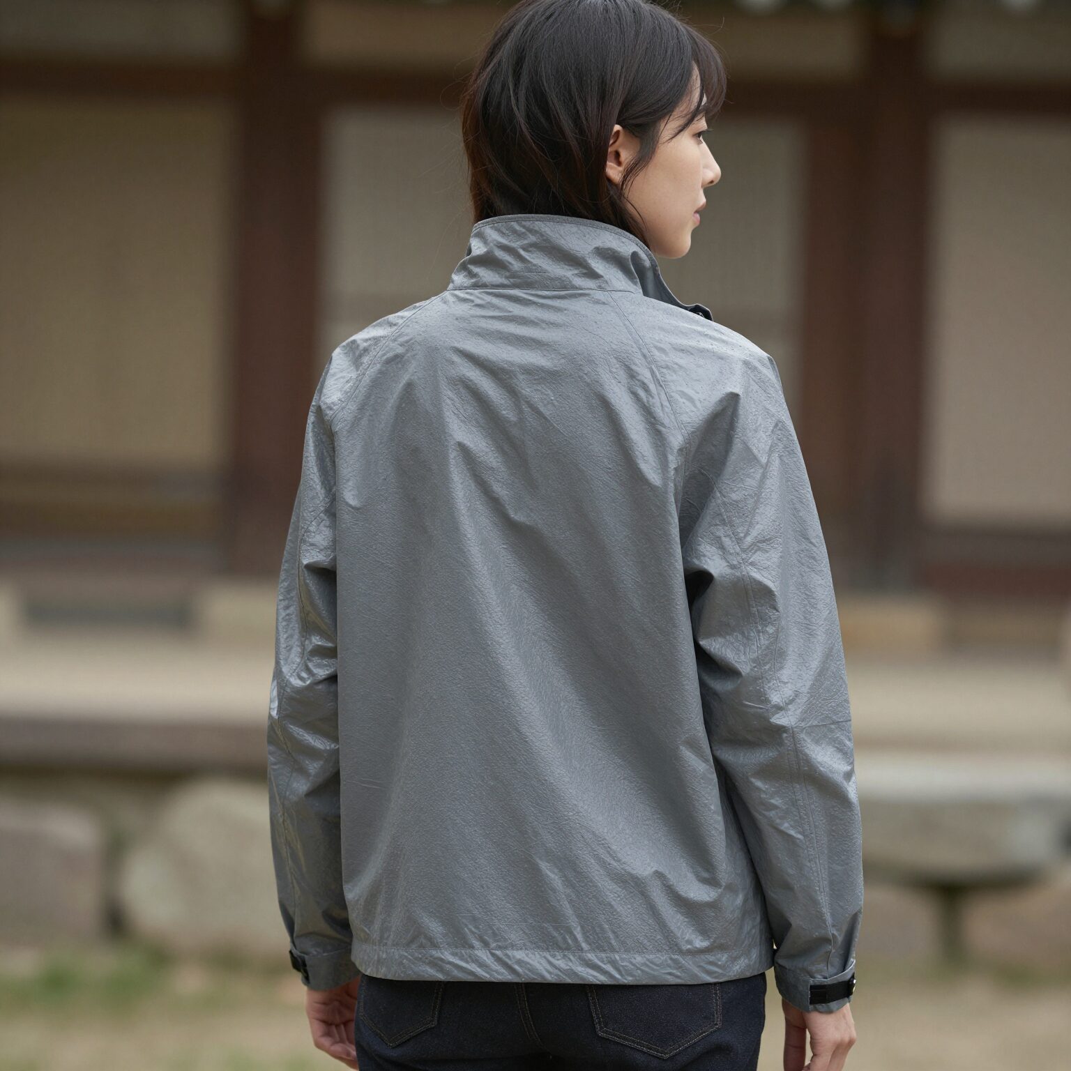 플라스틱 아일랜드 그레이 울 자켓을 입은 여성의 뒷모습 스타일링