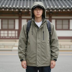 폴로 바람막이를 캐주얼하게 스타일링한 모습