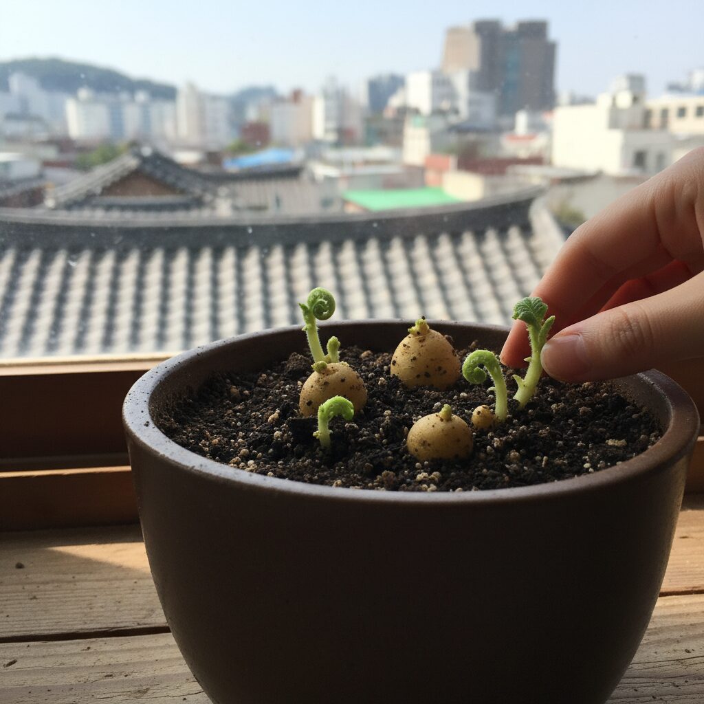 화분에 심겨져 흙 위로 싹이 트기 시작한 감자 종자의 사진