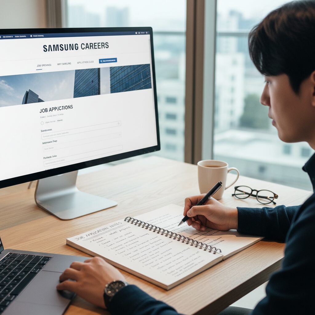 삼성커리어스 웹사이트 화면과 지원서 작성 노트