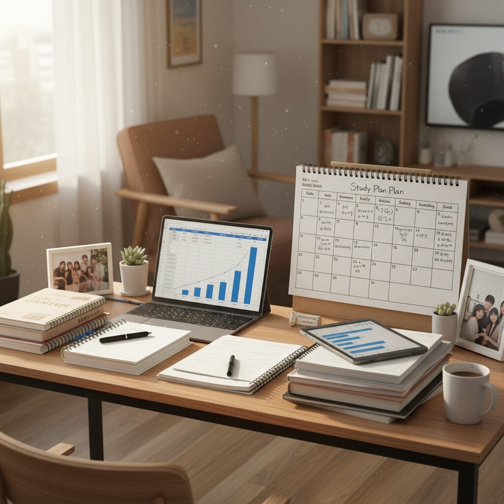 2026 삼성그룹 공채 준비 가이드 서류 GSAT 면접 전략 1 삼성 GSAT 시험을 위한 학습 계획표와 공부 자료가 놓인 책상