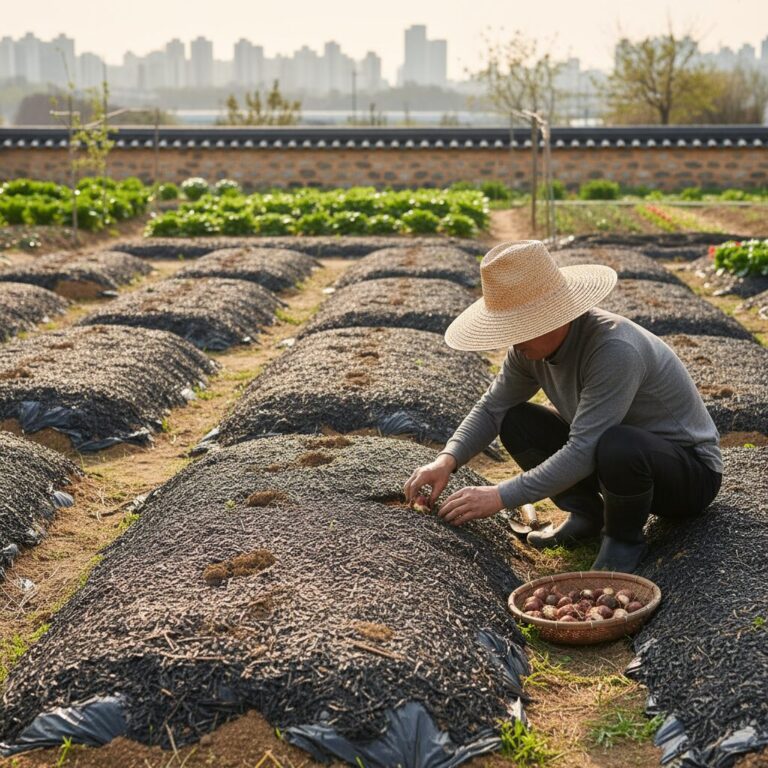 산마늘 구근을 심기 위해 높게 만든 두둑과 멀칭된 텃밭