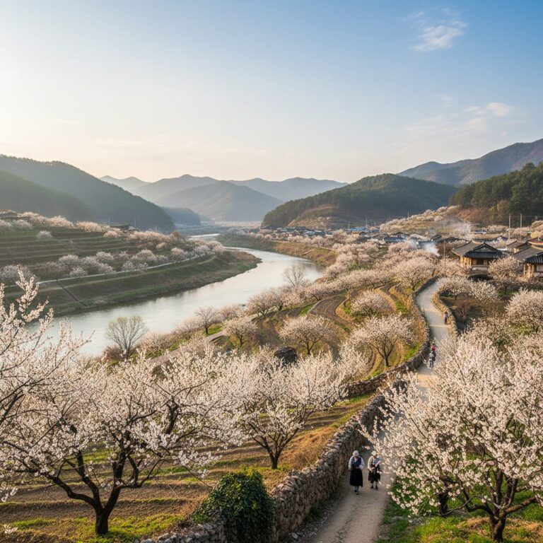 섬진강과 매화나무가 어우러진 광양 매화마을 전경