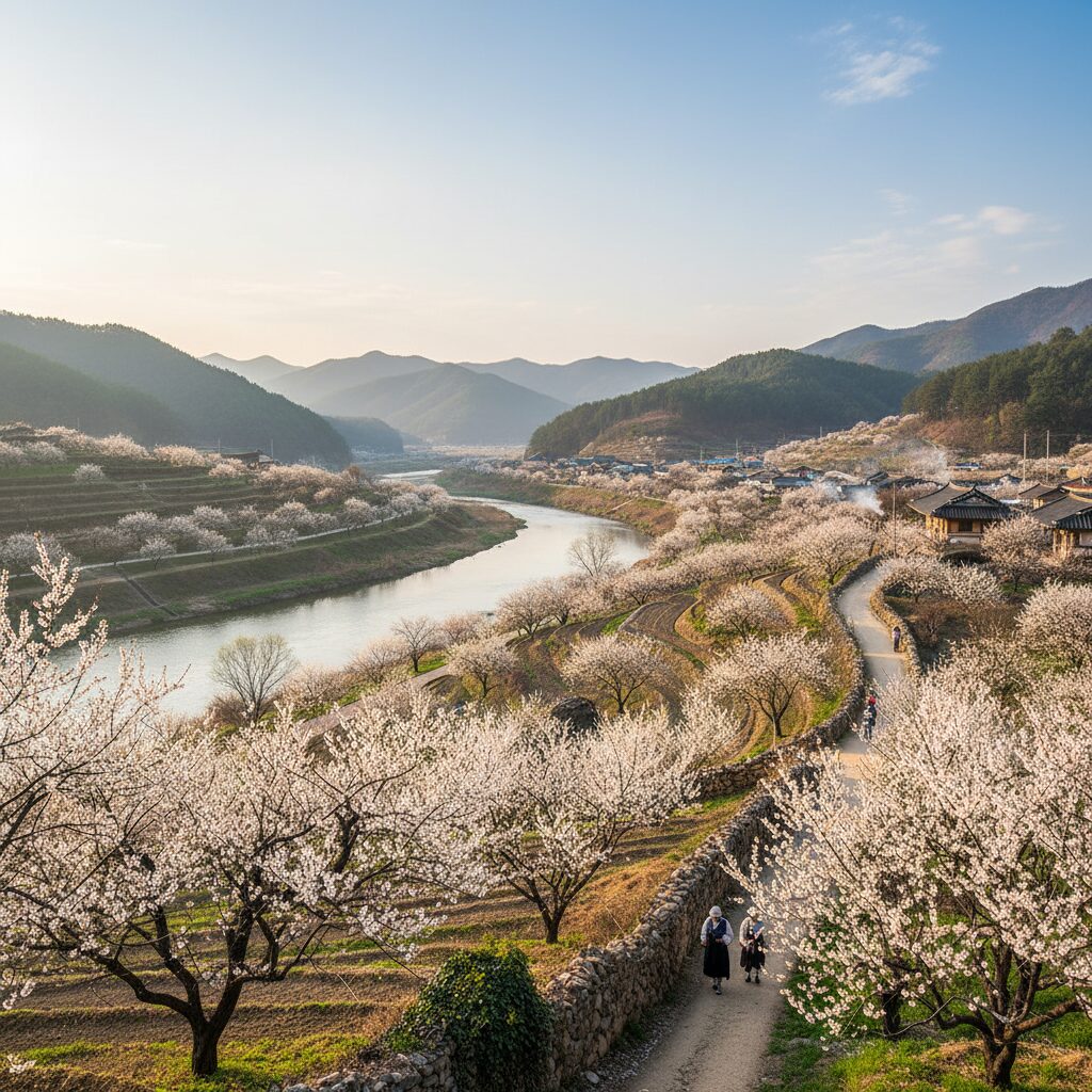 섬진강과 매화나무가 어우러진 광양 매화마을 전경