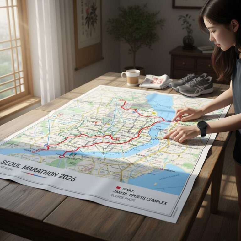 2026 서울마라톤 코스 경로도가 표시된 지도, 광화문에서 잠실까지 이어지는 선