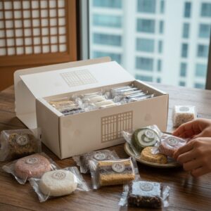 백년화편 소담세트 상자와 개별 포장된 떡