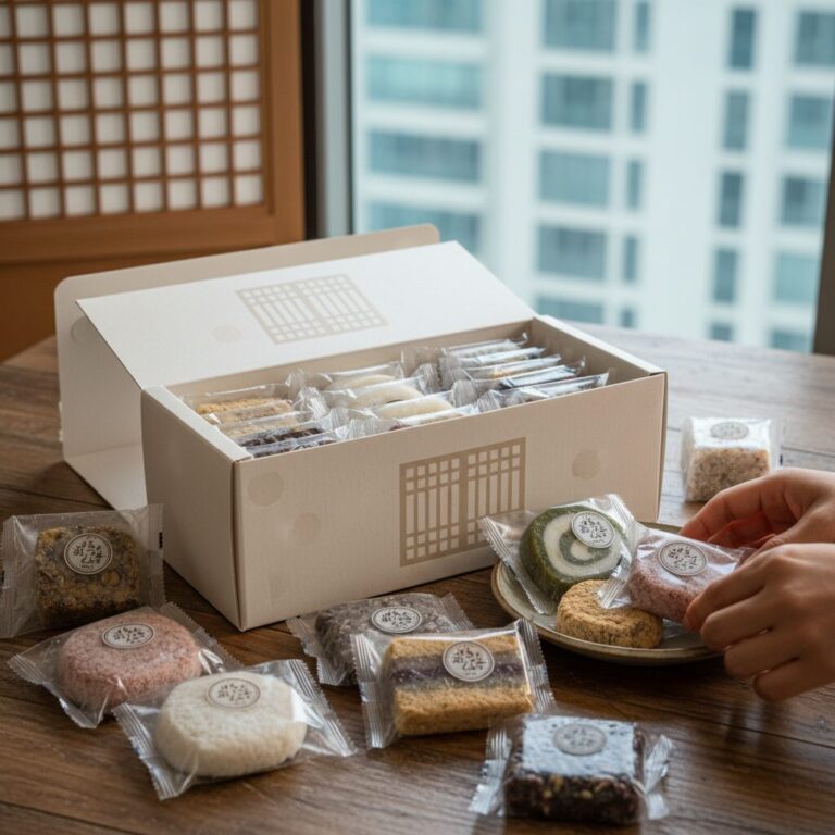 백년화편 소담세트 상자와 개별 포장된 떡