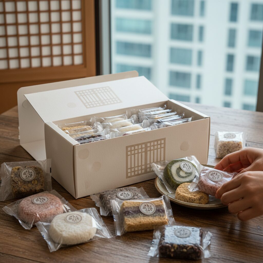 백년화편 소담세트 상자와 개별 포장된 떡