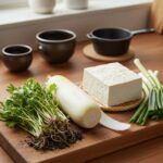 냉이된장국에 들어가는 재료들인 냉이, 무, 두부, 대파가 나란히 놓여 있다