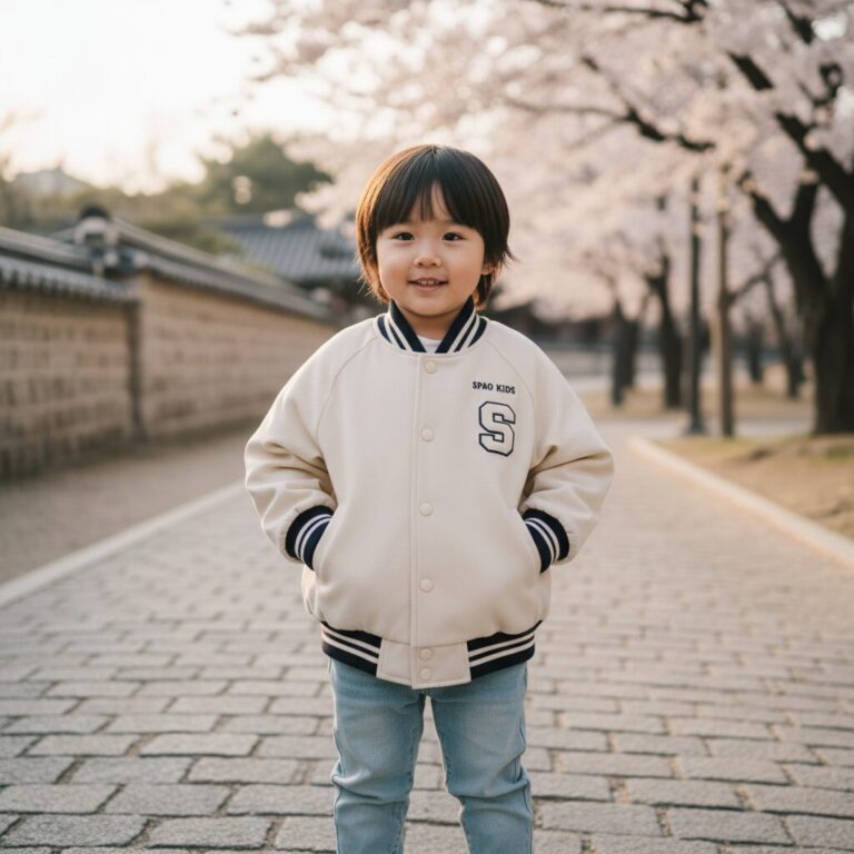 아이를 위해 스파오키즈 크림색 바시티 자켓을 입혀본 모습