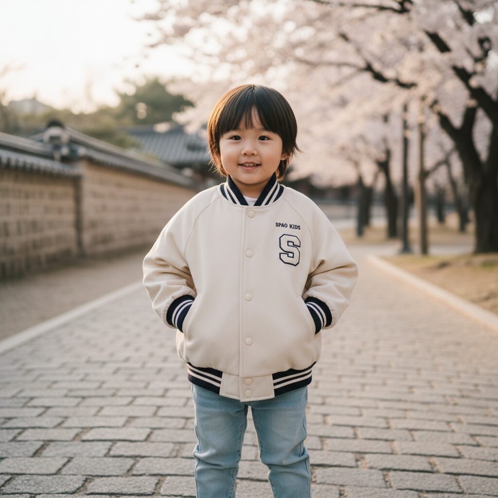 2026년 간절기 아우터 쇼핑 가이드 1 아이를 위해 스파오키즈 크림색 바시티 자켓을 입혀본 모습