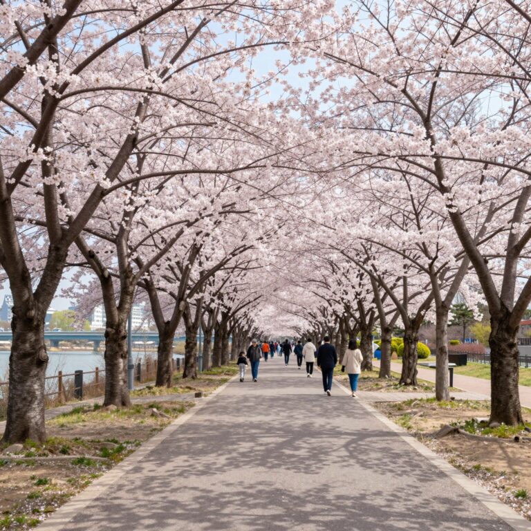 여의도 한강공원 벚꽃길 낮 풍경 푸른 하늘 아래 분홍빛 벚꽃 터널과 산책로