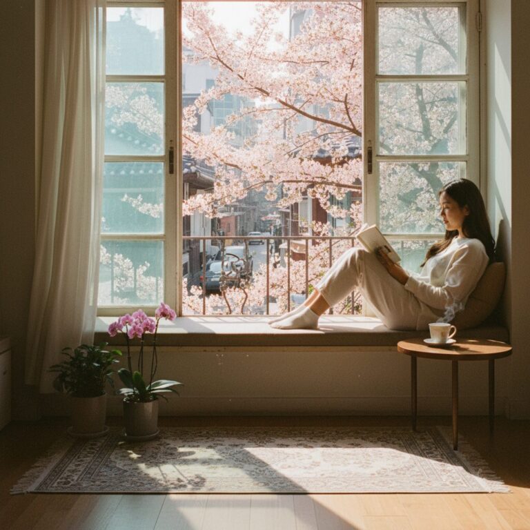 창문 너머로 따스한 봄 햇살이 비치는 사진