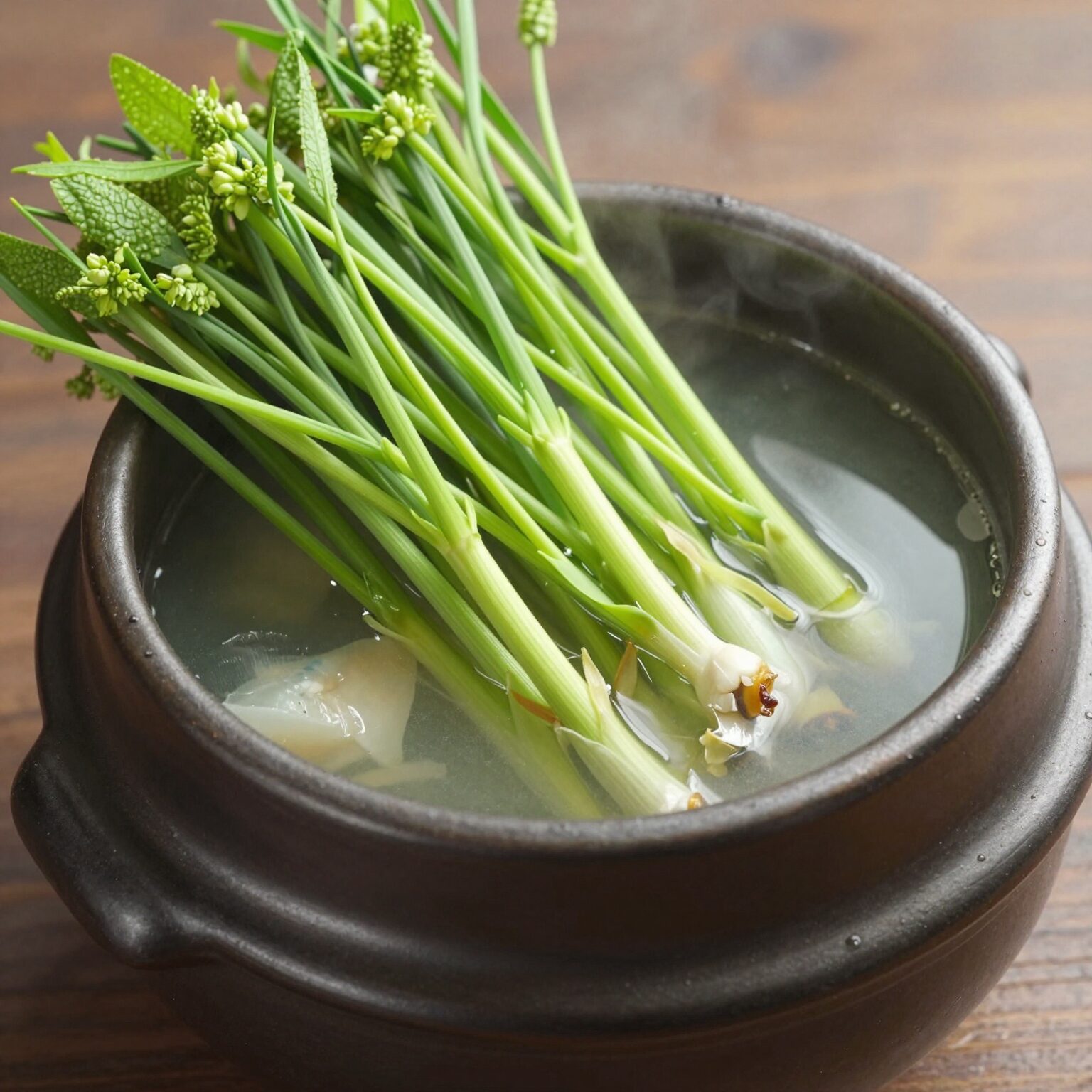 3월 제철 해산물 네가지로 건강한 봄 맞이하기 1 도다리쑥국이 담긴 뚝배기와 신선한 봄 나물