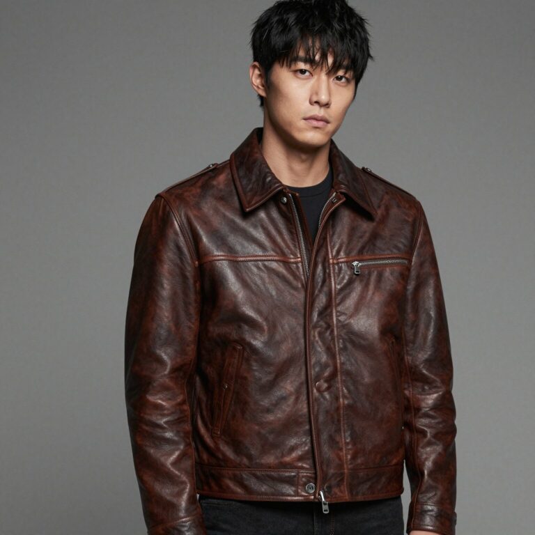 쿠어 브랜드의 다크 브라운 빈티지 가죽 자켓을 입은 모델