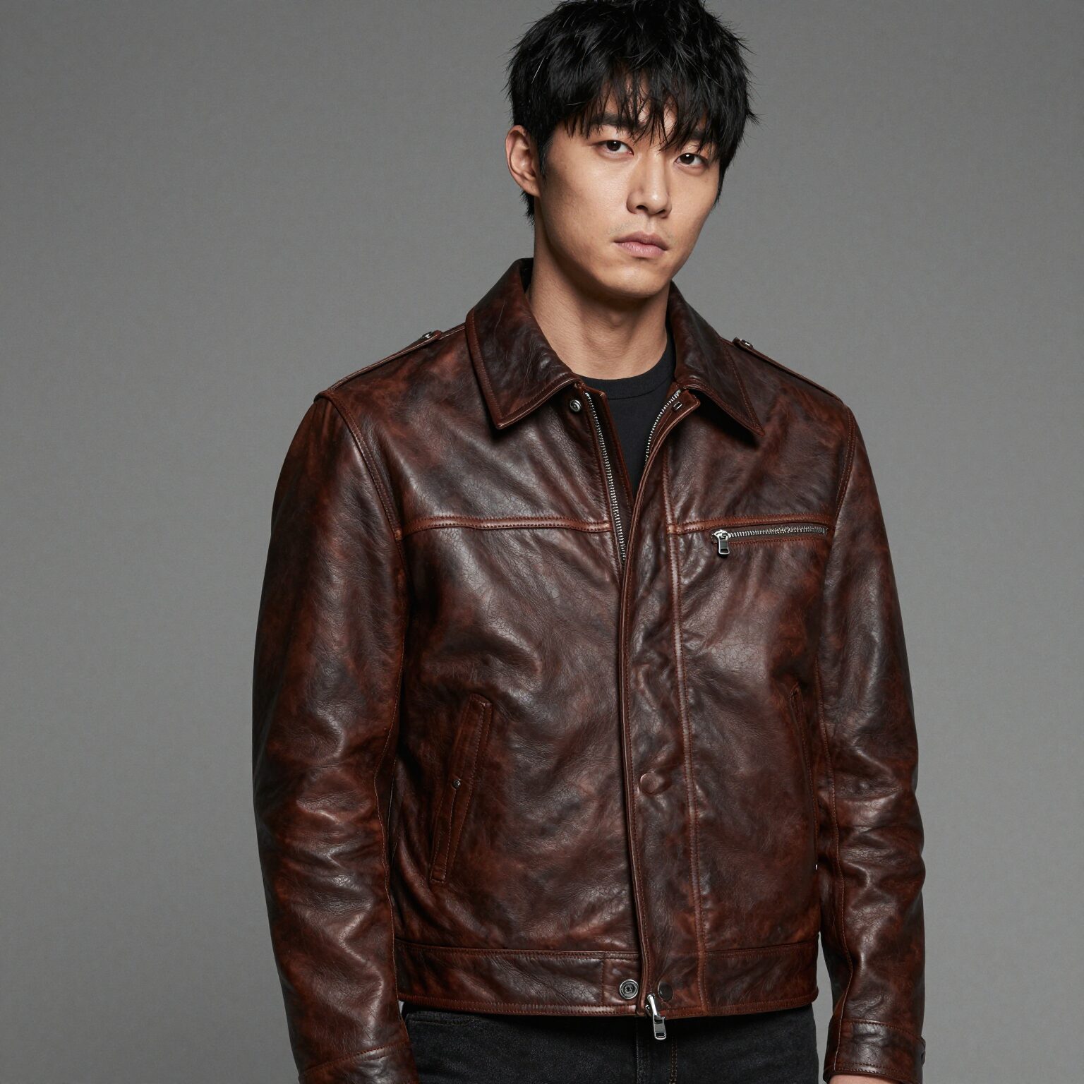 남자 봄 패션 트렌드와 코디 추천 1 쿠어 브랜드의 다크 브라운 빈티지 가죽 자켓을 입은 모델