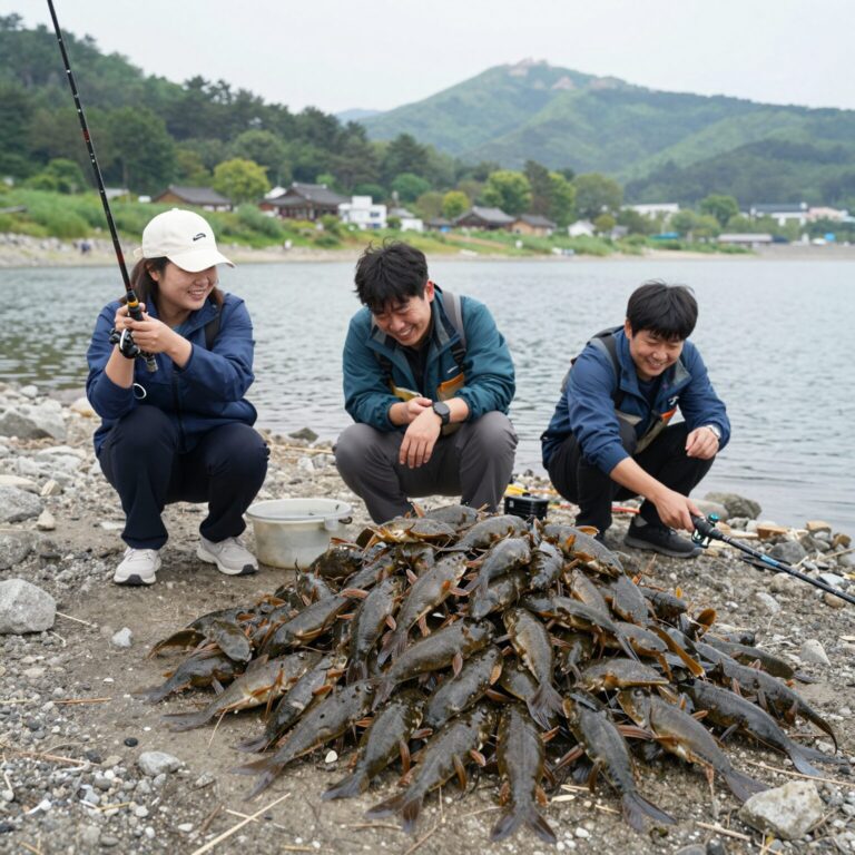 봄 쭈꾸미낚시를 즐기는 사람들이 배 위에서 웃고 있는 모습